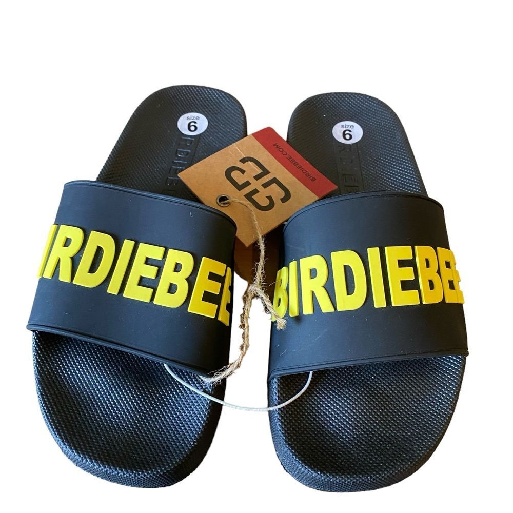 Women’s Birdiebee Logo double BB sunshine Yellow Black Slides NWT size 6
